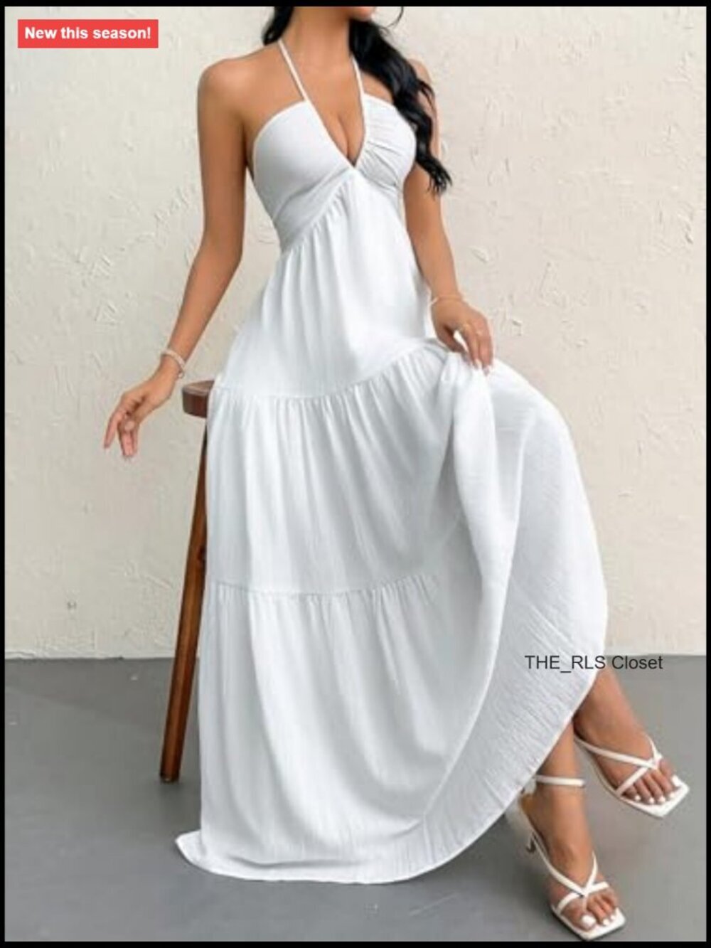 Halter V Neck Maxi Dress A-Line Casual Summer Vacation Dress - Picture 4 of 7